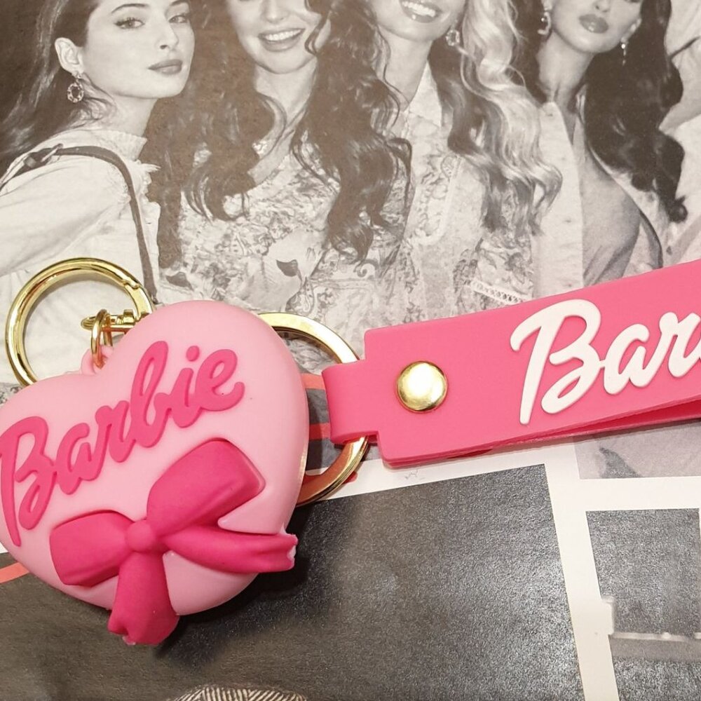 Women Pink Heart Barbie Key Chain Keyring Wrist-let Handbag Pendant Accessory